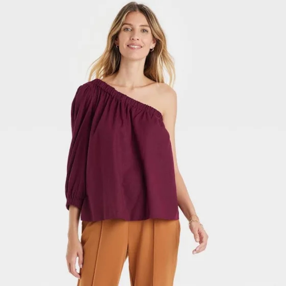 # 71. Women's Puff Long Sleeve One Shoulder Top - A New Day Burgundy.